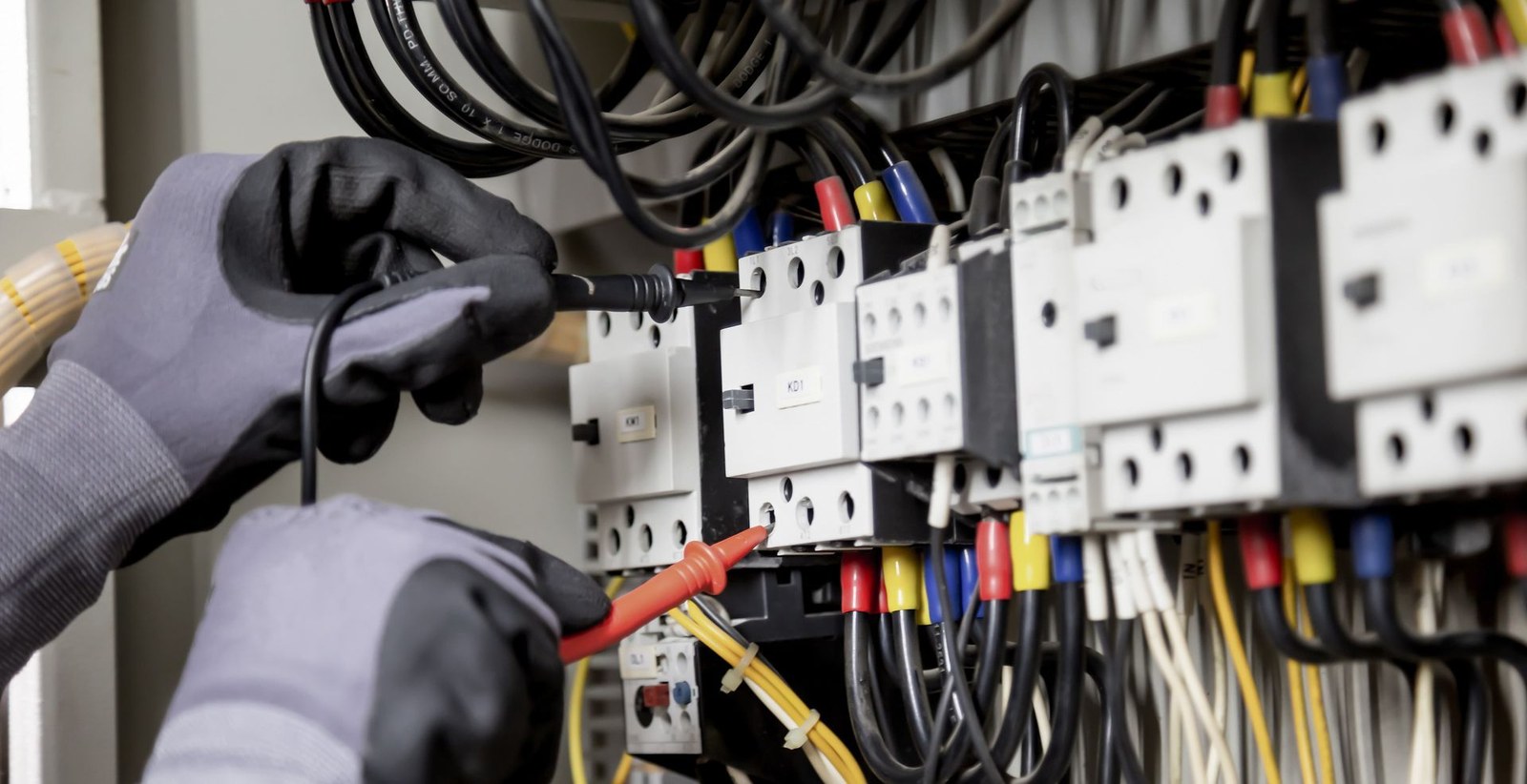 Gloved hands testing wiring in a large electrical panel